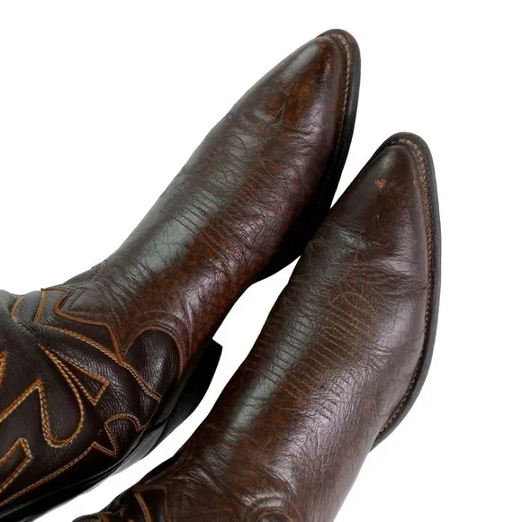 Tony Lama Cowboy Boots Brown Leather Mens 10.5 A Narrrow Width Vintage Western